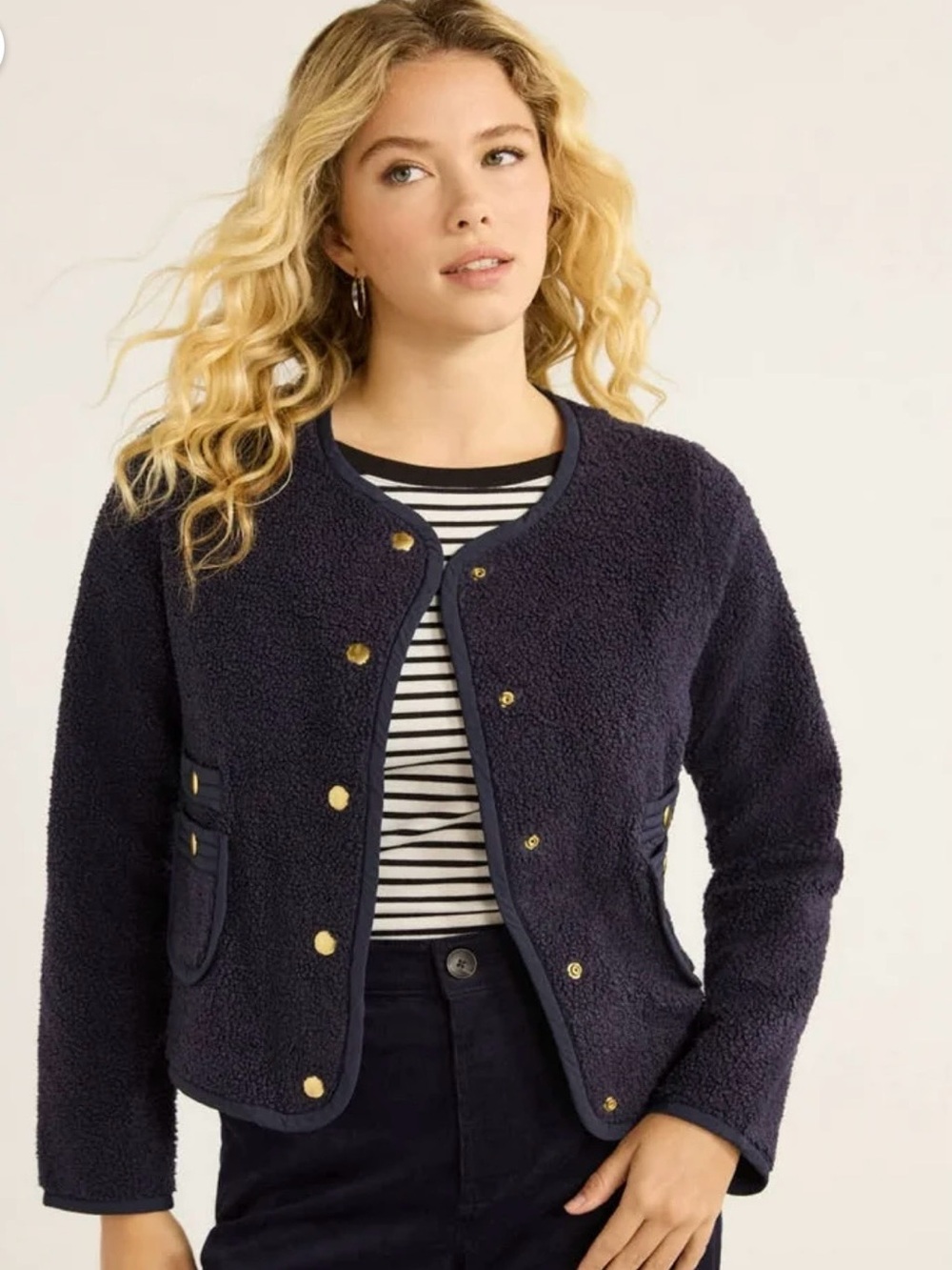 Free Assembly Faux Shearling Jacket Women’s XL 16-18 Navy Gold Snap Patch Pocket